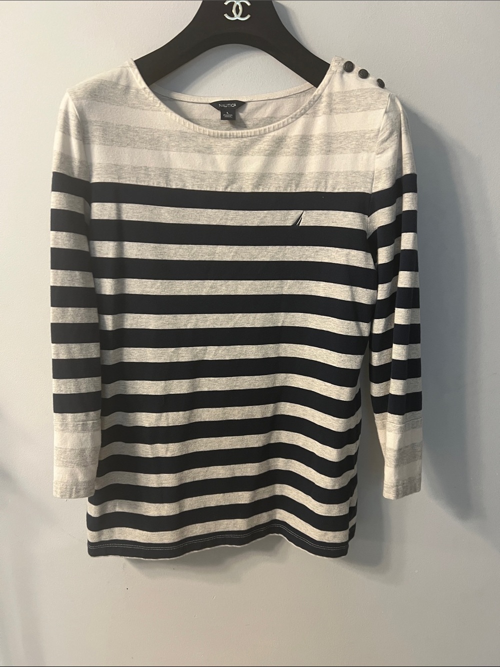 Nautica Black & White Striped Boatneck with Shoulder Buttons